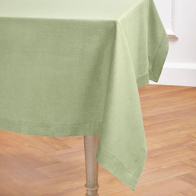 Solino Home Linen Tablecloth 60 x 156 Inch - 100% Pure Linen Chambray Olive Table Cloth for Rectangular Tables - Athena, Machine Washable Cloth Tablecloth for Fall, Autumn, Thanksgiving