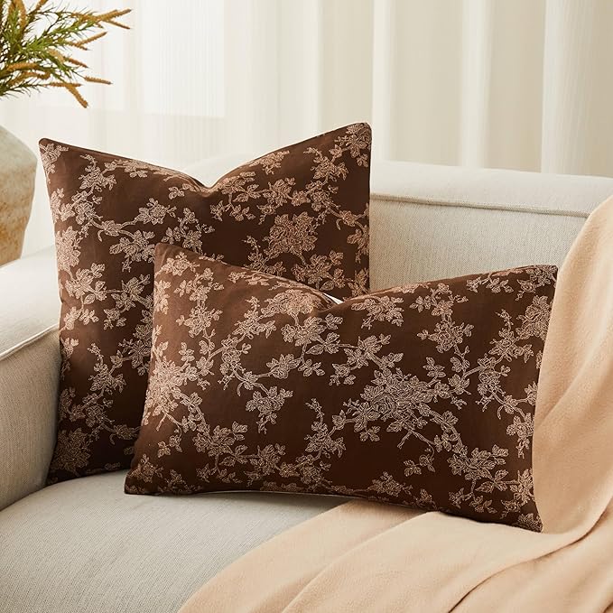 100% Cotton French Pastoral Throw Pillow Covers Set of 2, 22x22 Inch Background/Brown Farmhouse Decorative Cushion Covers for Sofa Bed Living Room Home Decor