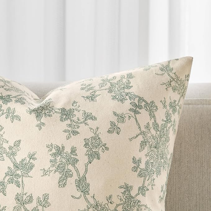 100% Cotton French Pastoral Throw Pillow Covers Set of 2, 24x24 Inch Vintage Green Farmhouse Decorative Cushion Covers for Sofa Bed Living Room Home Decor