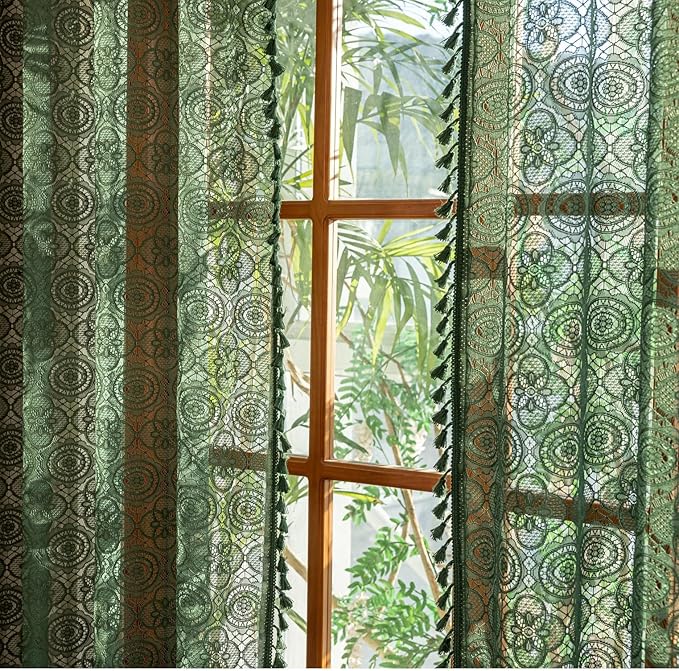 YJ YANJUN Green Boho Curtains with Tassels for Bedroom Retro Floral Pattern Knit Lace Sheer Curtains 63 Inch Length for Livingroom Country Light Filtering Crochet Drapes Set of 2 W59 x L63
