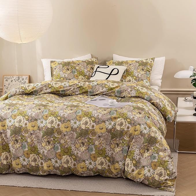 ECOCOTT Floral Duvet Cover Queen Size - Vintage Chic Garden Style Floral Pattern Printed Flower Duvet Cover Set Super Soft Comforter Quilt Cover with Zipper Closure 4 Ties