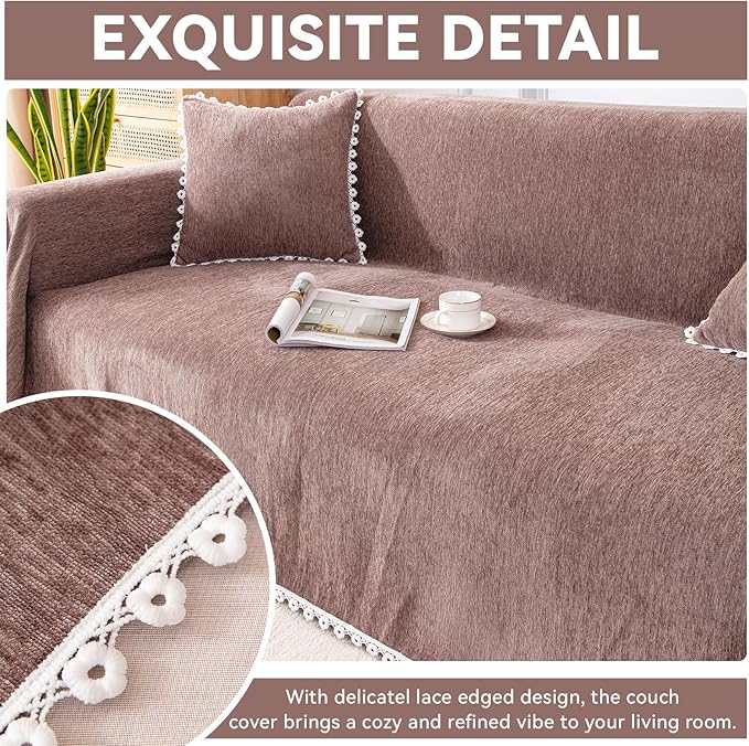 VClife Couch Cover Modern Brown Couch Covers for 3 Cushion Couch Sofa - Washable Chenille Sofa Cover with Lace for Living Room Office RV Bedroom (71"X134") Gift for Christmas Thanksgiving Birthday