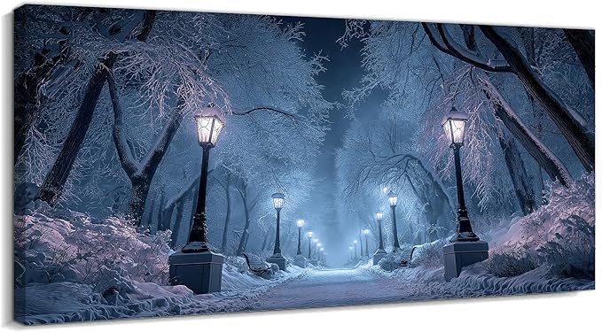 GUTTATY Winter Scene Christmas Canvas Wall Art, Blue Frosty Landscape Canvas Prints, Snowy Pathway Illuminated by Street Lamps, Park Winter Pictures Wall Decor for Living Room, Bedroom, 40x20 Inch