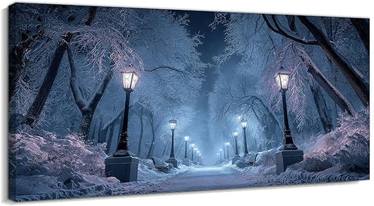 GUTTATY Winter Scene Christmas Canvas Wall Art, Blue Frosty Landscape Canvas Prints, Snowy Pathway Illuminated by Street Lamps, Park Winter Pictures Wall Decor for Living Room, Bedroom, 40x20 Inch