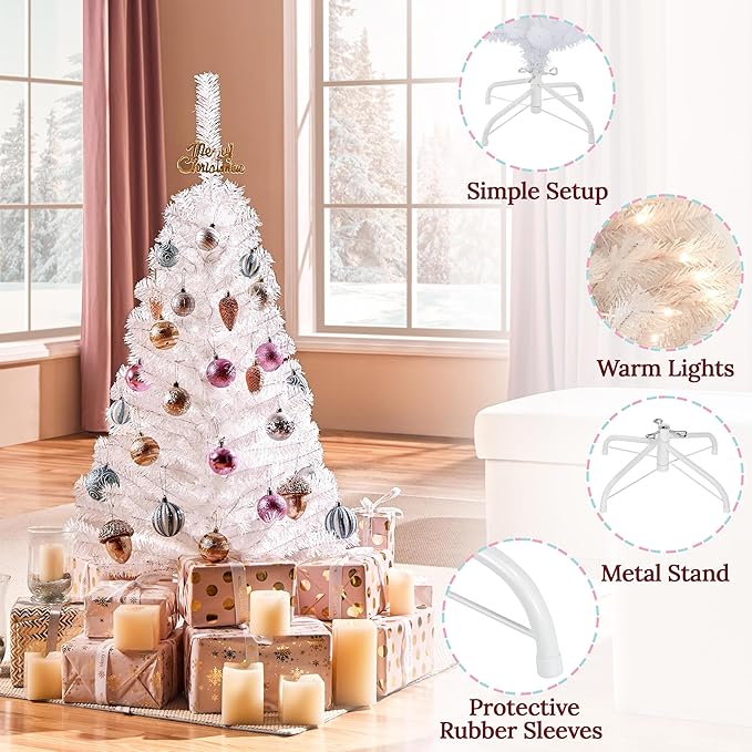 Yaheetech 4ft Pre-lit Spruce Artificial Hinged Christmas Pine Tree Prelighted Xmas Tree for Home Party Holiday Decoration with 70 Clear Warm White Lights and 110 Branch Tips, White