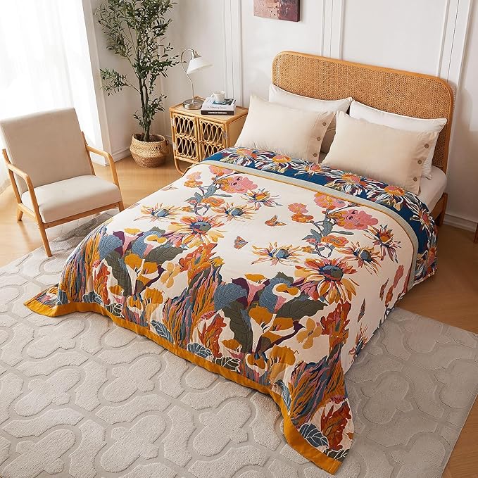 Boho Throw Blanket for Bed 100% Cotton Ultra Soft Rustic Quilt Floral Printed Farmhouse Decor Bed Fall Blanket,80"×90" All Season Rustic Throw for Sofa Couch Chair