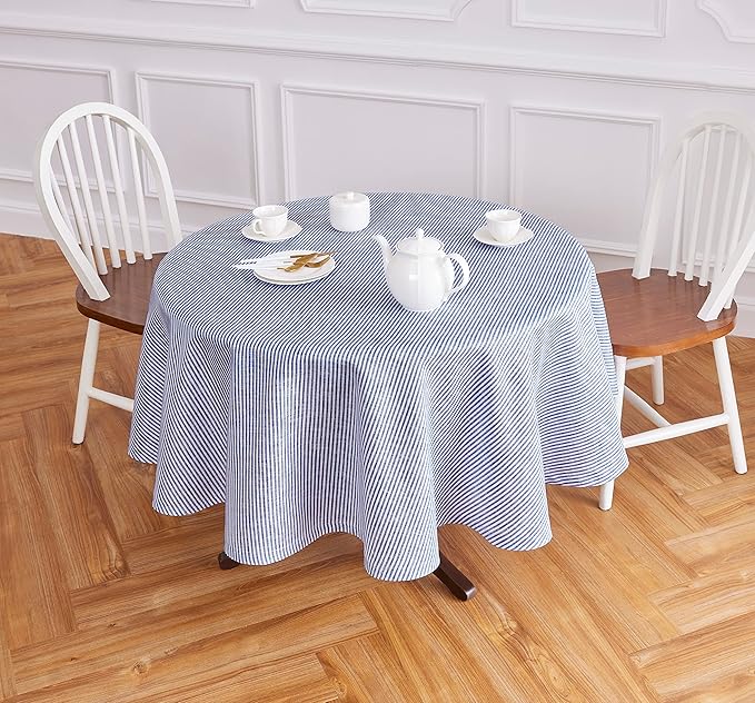 Solino Home Linen 60 Inch Round Tablecloth - Narrow Stripe, 100% Pure Linen Navy and White Round Tablecloth - Machine Washable Table Cloth for Fall, Autumn, Thanksgiving, Christmas, Winter
