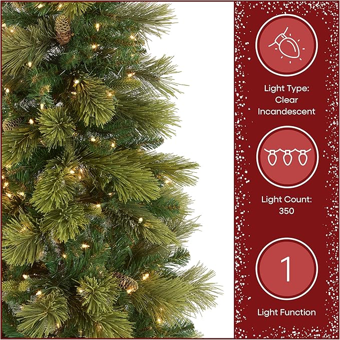 National Tree Company 6.5 ft Pre-Lit Carolina Pine Slim Artificial Christmas Tree, 350 Clear Lights, 516 Tips, Includes Stand, Green