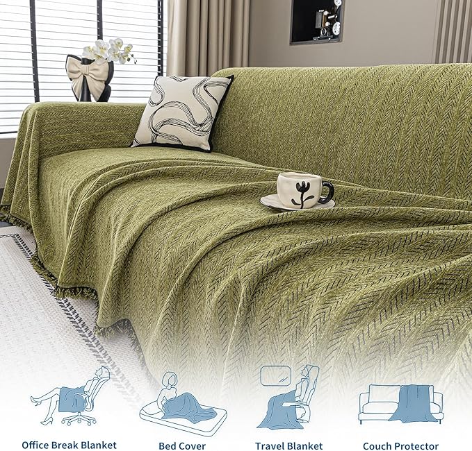 Nobildonna Sofa Cover Washable Soft Thicken Chenille Couch Cover with Tassel,Waterproof Sofa Slipcovers for 2 Cushion Couch,Loveseat,Futon Couch Furniture Protector Pet-Friendly,Yellow Green 71"x102"