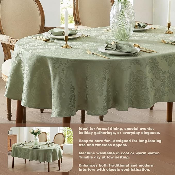 Newbridge Barcelona Damask Fabric Tablecloth, 60 x 84 Inch Oval, Sage Green – No Iron, Soil Resistant Table Cover for Dining, Parties and Holidays