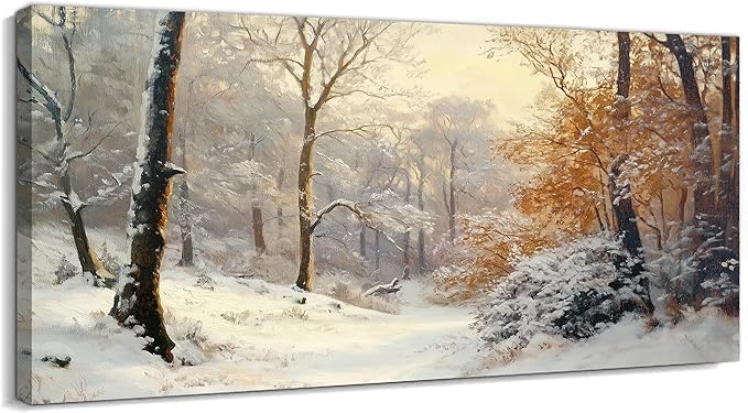 GUTTATY Christmas Winter Scene Canvas Wall Art, Snowy Forest Wall Painting, Warm Light Tree Poster, Winter Canvas Prints for Living Room, Holiday Wall Decor, Hanging Pictures for Bedroom, 60x30 Inch