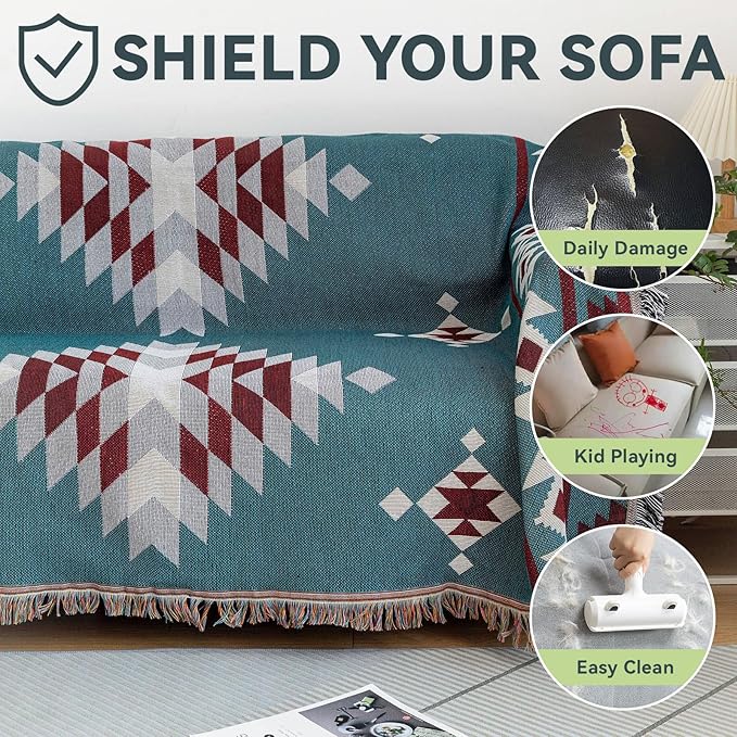 VClife Boho Couch Covers Thick Cotton Linen Couch Cover for 3 Cushion Couch Sofa Blue Red Gray Triangle Plaid Geometric Sofa Cover for Sectional Sofa Pet-Friendly Dog Cat XL Sofa Protector 71" X 134"