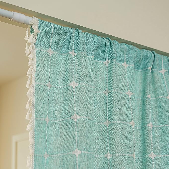Sutuo Home French Door Curtains for Patio Doorway, Bohemian Semi Blackout Linen Curtains Tassels Farmhouse Strips Checkered Decor Window Treatments, Rod Pocket 1 Panel 37" W x 80" L, Aqua Blue Plaids
