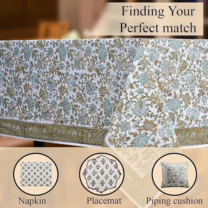 CPC Tablecloth 100% Cotton 60x60 Inch Indian Block Print Square Table Cover, Table Cloth for Weddings, Spring/Summer, Barbeque - Topaz Blue