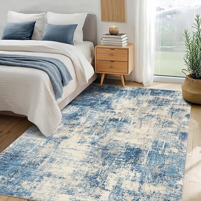 6x9 Modern Abstract Rug Washable Area Rugs for Living Room Bedroom Dining Room Non-Slip Low Pile Neutral Large Rug Soft Indoor Floor Carpet, Blue