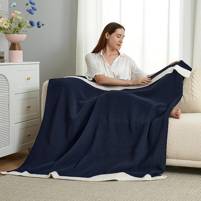 Amélie Home Waffle Throw Blanket for Couch, Soft Cozy Chenille Knit Blanket Warm Decorative Throw for Sofa, 50"x60", Navy Blue