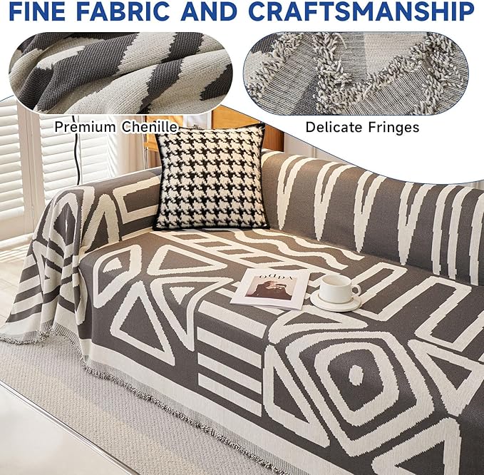 VClife Couch Cover, 1 Piece Boho Tribal Dark Gray and White Geometric Jacquard Sofa Cover for 2 Cushion Couch Sofa, Soft Washable Chenille Living Room Loveseat Cover Slipcover for Sofa 91"X118"