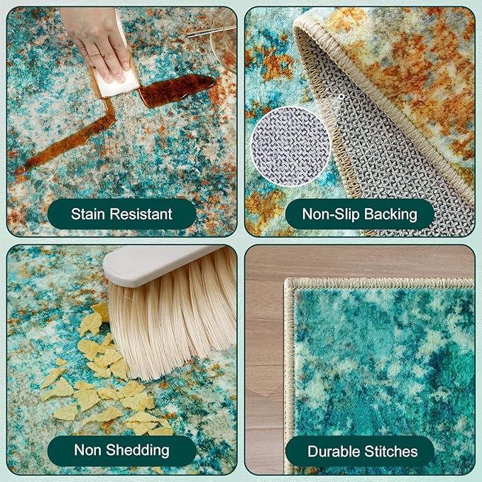 Washable Area Rugs for Living Room 8x10 - Large Neutral Modern Abstract Rug, Soft Low Pile Carpet with Non Slip Backing for Under Dining Room Table, Bedroom, Home, Office, Dorm - Teal Brick