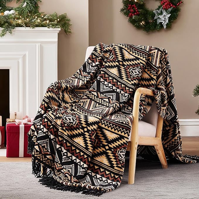 CASAAGUSTO Boho Throw Blanket - Brown Black Decorative Blankets with Tassel, Printed Flannel Bohemian Blanket for Chair, Bed, Sofa, Couch(60 * 80, Brown Black)
