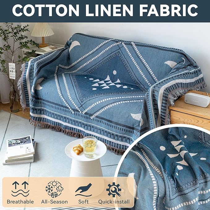 VClife Boho Couch Cover White Blue Plaid Stripe Couch Cover Washable L Shape Sofa Cover Thick Breathable Non Slip Sectional Couch Covers Dog Reversible XXL Sofa Slipcover Furniture Protector Cover