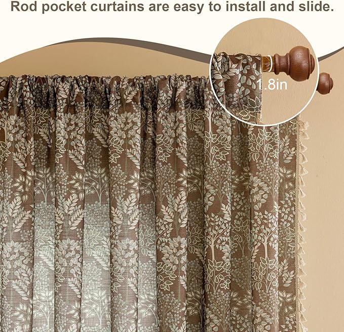 OYX Floral Curtains 96 Inch Length 2Panels for Living Room, Bedroom Light Filtering Drapes, Farmhouse Vintage Country French Tassels for Boho Pattern Rod Pocket Aesthetic Home Decor Window Treatments