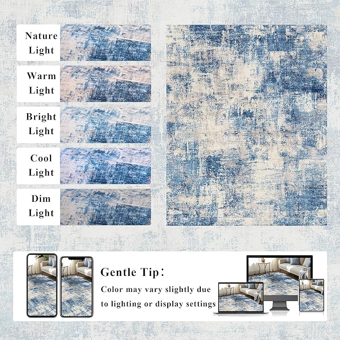 5x7 Modern Abstract Rug Washable Area Rugs for Living Room Bedroom Dining Room Non-Slip Low Pile Neutral Large Rug Soft Indoor Floor Carpet, Blue