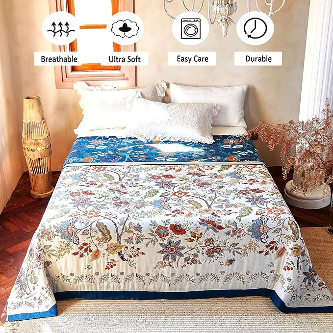Boho Throw Blanket, 100% Organic Cotton Breathable Skin-Friendly Ultra Soft Bed Quilt Throw - All Season Floral Farmhouse Décor Luxury Blanket for Sofa Couch Chair and Gift. 80" x 90"