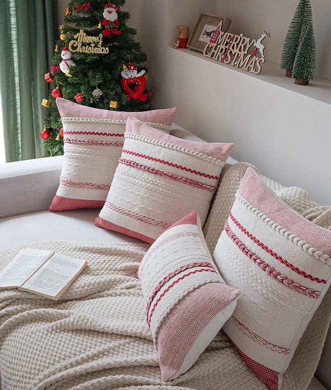 Christmas Pillow Covers 20x20 Inch Set of 2, Red Textured Boho Christmas Decorative Couch Pillow Cases for Farmhouse Home Decor, Accent Cushion Cover for Sofa, Bed, Living Room, Bedroom