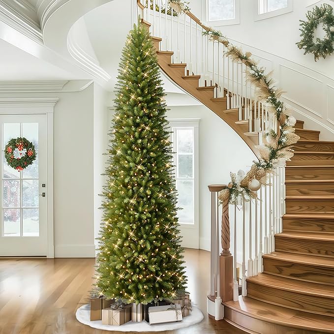 Puleo International 10ft Pre-Lit Slim Fraser Fir Christmas Tree with 650 Clear Lights, 2436 Realistic Dense Branch Tips, Easy Setup Artificial Trees with Sturdy Metal Stand