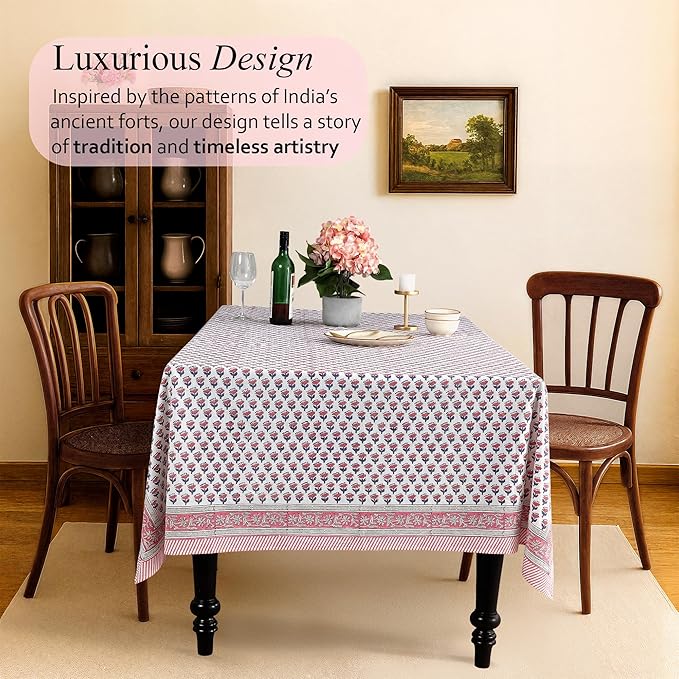 CPC Tablecloth 100% Cotton 70x108 Inch Indian Block Print Rectangle Table Cover, Pink Table Cloth for Weddings, Spring/Summer, Barbeque - Pink Sapphire