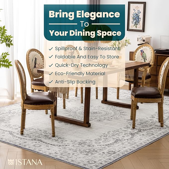 Istana Boho Area Rug - Grey/White Cream Carpet - Foldable 9x12 Washable Rug - Stain Resistant Rubber Backed Area Rugs -Large Area Rugs for Living Room 9x12 – Easy to Clean Gray Living Room Rugs