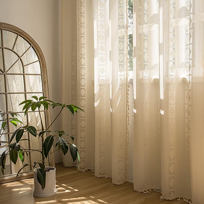 Sutuo Home 2 Panels Boho Curtains Crochet Lace Patchwork Semi-Blackout Bohemian Handmade Tassels, Rod Pocket Window Treatment Vintage Rustic Farmhouse Drapes for Living Bedroom, 52" W x 63" L, Cream