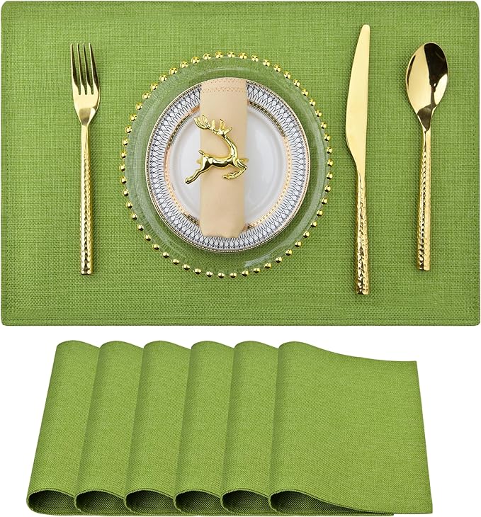 SLKQG Christmas Green Linen-look Placemats Set of 6, Heat Resistant & Machine Washable Double-Layered Cloth Placemats for Dining Table, Indoor/Outdoor Use, Non-Slip Kitchen Table Mats (6, Grass green)