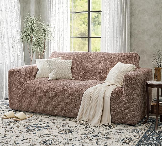 PAULATO BY GA.I.CO. Loveseat Slipcover - Oversized Chair Cover - Stretch Couch Cover - Cushion Love Seat Sofa Slipcover - 1-Piece Form Fit Washable Protector - Mille Righe Collection - Camel
