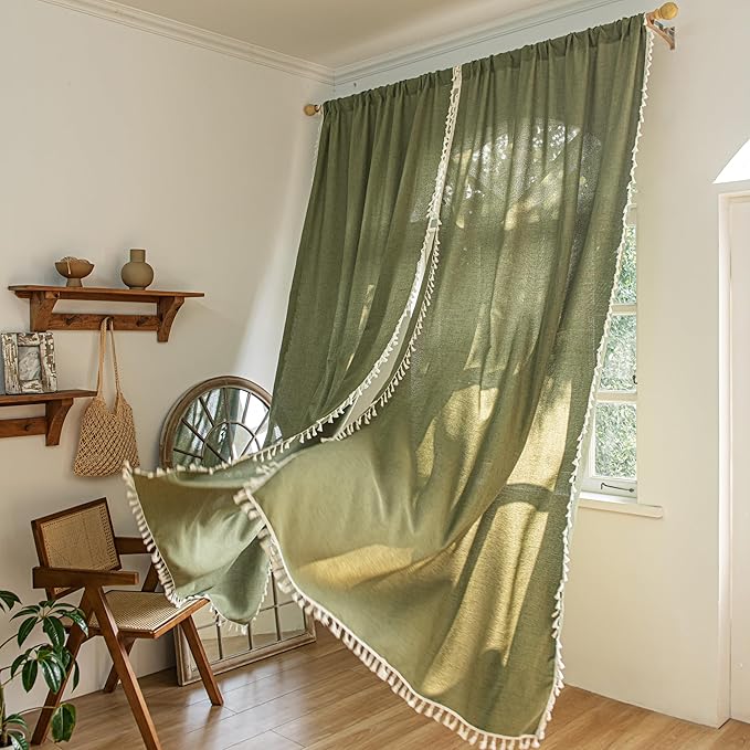 Sutuo Home Boho Curtains for Living Room 96 Inches Long, Bohemian Linen Textured Curtains with Tassels, Semi Blackout Farmhouse Drapes, Rod Pocket Window Treatments 2 Panels, 52" x 96", Olive Green