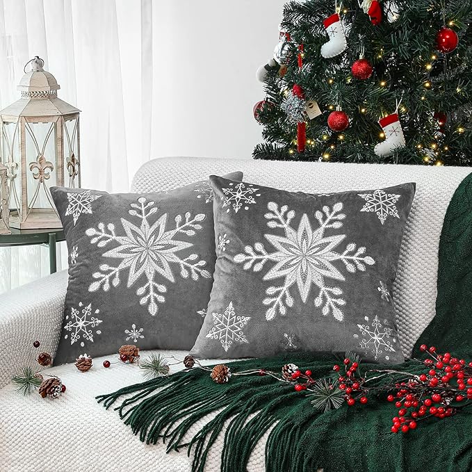 Lewondr Christmas Throw Pillow Covers, 16x16 Inch Snowflake Embroidery Pillow Cases Home Xmas Decorative Holiday Decor Cushion Covers Soft Velvet Pillow Cover for Sofa Bed Chair Set of 2, Gray