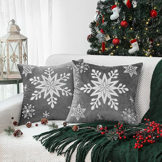 Lewondr Christmas Throw Pillow Covers, 20x20 Inch Snowflake Embroidery Pillow Cases Home Xmas Decorative Holiday Decor Cushion Covers Soft Velvet Pillow Cover for Sofa Bed Chair Set of 2, Gray