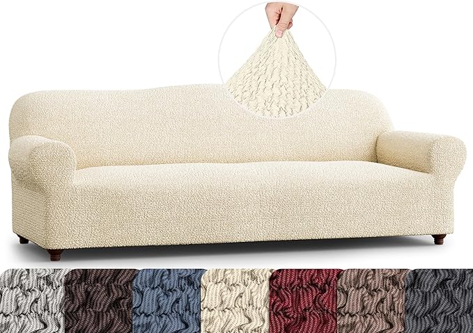 PAULATO BY GA.I.CO. Sofa Slipcover - Stretch Couch Cover - Stylish Cushion Sofa Cover - 1-Piece Form Fit Washable Protector for Pet - Mille Righe Collection - Cream
