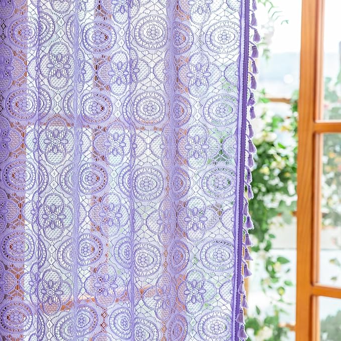 Light Purple Lace Curtains 84 Inches Long 2 Panels Boho Doily Pattern Window Curtain Drapes for Living Dining Room Romantic Light Filtering Lilac Sheer Curtains for Girls Room 59x84 Lavender