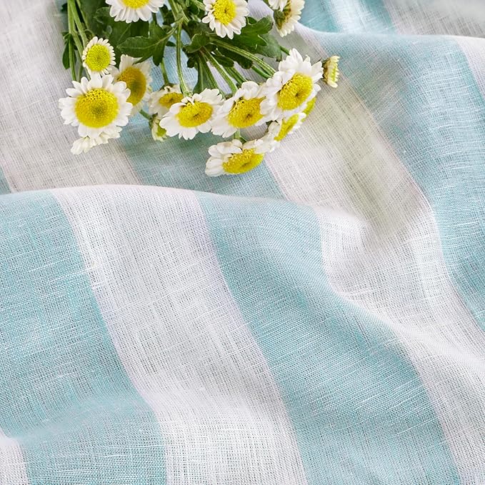 Solino Home Linen Striped Tablecloth 60 x 108 Inch - 100% Pure Linen Aqua and White Table Cloth for Rectangle Tables - Cabana Stripe, Machine Washable Tablecloth