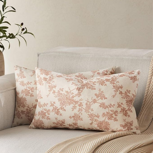 100% Cotton French Pastoral Lumbar Throw Pillow Covers Set of 2, 12x20 Inch Terracotta Farmhouse Decorative Cushion Covers for Sofa Bed Living Room Home Decor