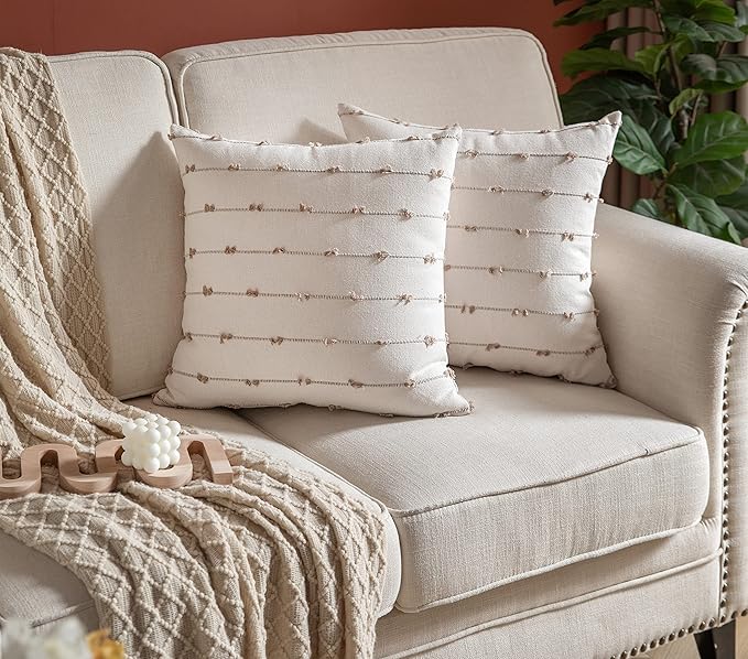 Caflife Boho Throw Pillow Covers Geometric 18x18 inches Beige and Natural Linen, Set of 2 Modern Farmhouse Decorative Pillow Covers for Couch Bed, Living Room, Home