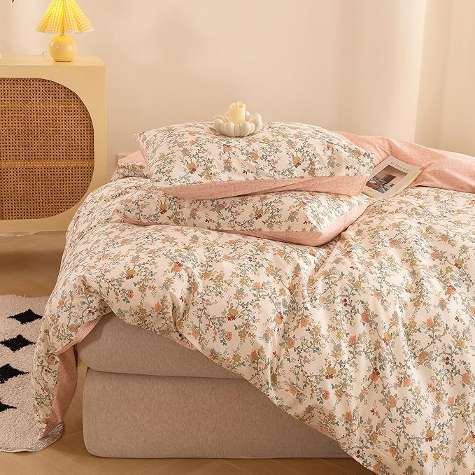 ECOCOTT Reversible Floral Duvet Cover King Size – 3 Piece 100% Washed Cotton Bedding Set, Soft Breathable Comforter Cover with Zipper Closure & Corner Ties