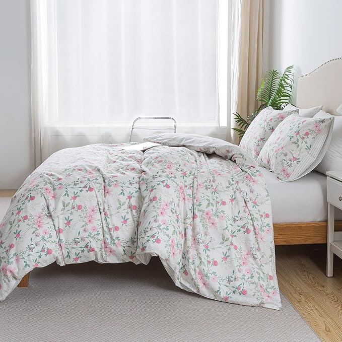 HoneiLife Duvet Dover Queen Size - 100% Cotton Comforter Cover, Breathable Bedlinen for Set for Queen Beds, 3-PC Wildflower Comforter Cover Sets, Fuchsia‌