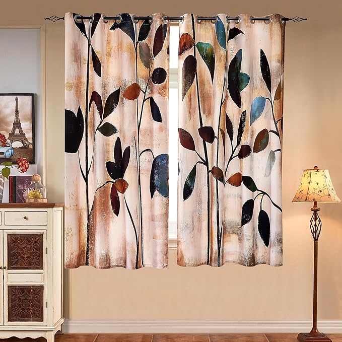 SUBRTEX Light Flitering Curtains 52Wx63L, Room Darkening Vibrant Floral Drapes, 50% Blackout, Semi Sheer Boho Farmhouse Curtains for Living Room, Brown