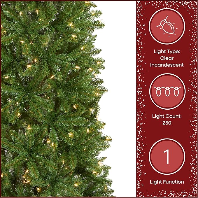 National Tree Company 6.5 ft Pre-Lit Kingswood Fir Slim Artificial Christmas Tree, 250 Clear Lights, 719 Tips, Includes Stand, Green