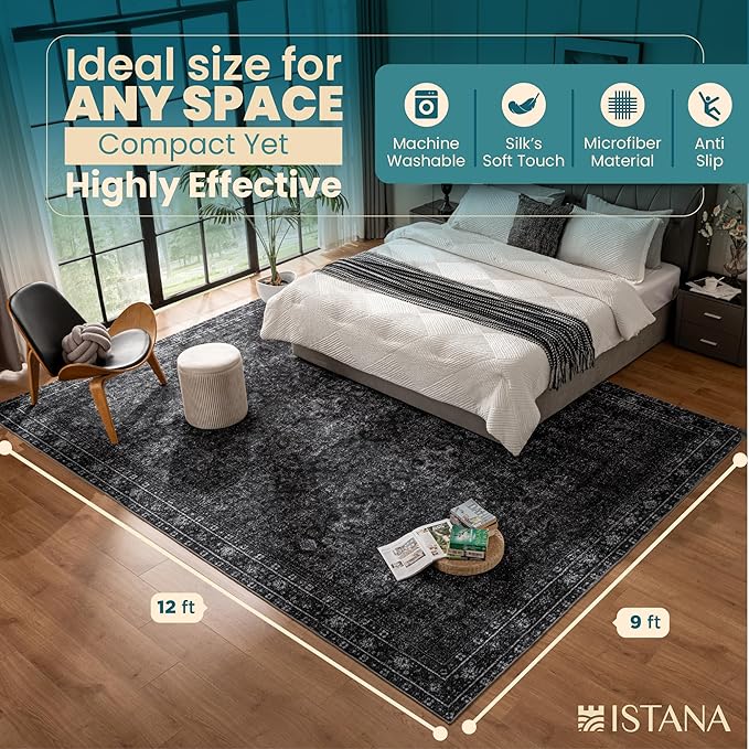 Istana 9x12 Area Rug - Black 9 x 12 Area Rugs for Living Room - Foldable 9x12 Rugs for Bedroom/Living Room Rug - Stain Resistant Washable Rugs - Eco-Friendly Area Rugs