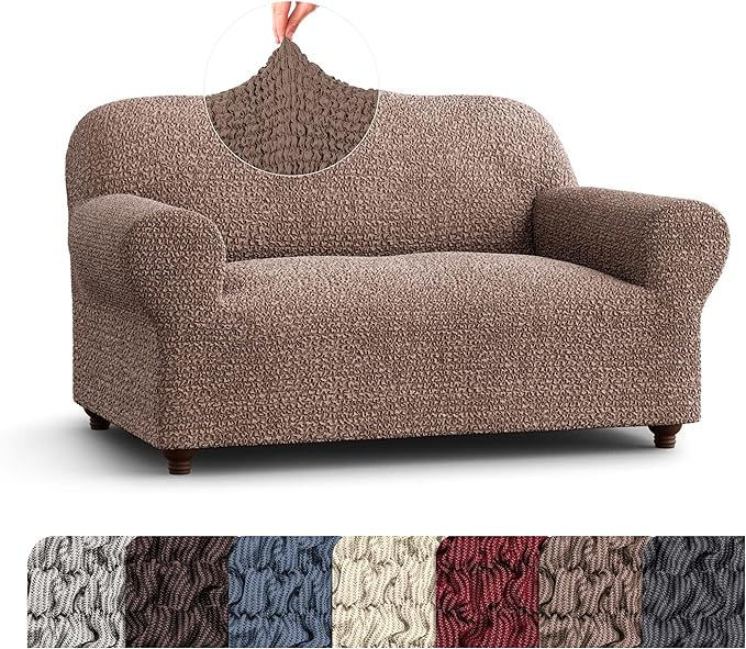 PAULATO BY GA.I.CO. Loveseat Slipcover - Oversized Chair Cover - Stretch Couch Cover - Cushion Love Seat Sofa Slipcover - 1-Piece Form Fit Washable Protector - Mille Righe Collection - Camel