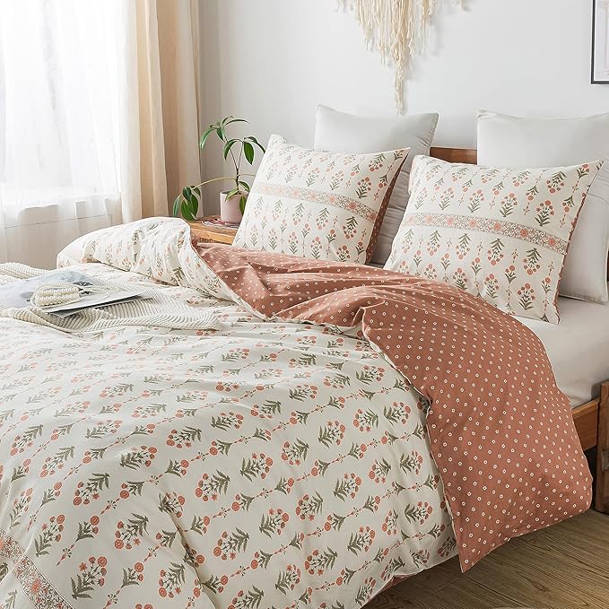 HoneiLife Floral Duvet Cover Twin - 100% Cotton Comforter Cover Wildflower Duvet Cover Sets, Botanical Duvet Cover with Zipper Closure & Corner Ties, 2-PCS Orange Comforter Cover Sets