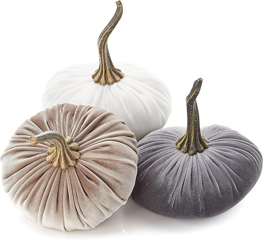 Set of 3 Velvet 6.25 Inch Pumpkins, fall decor, cozy autumn vibe, tiered tray tablescape, elegant accent decor, Thanksgiving centerpiece, neutral mantel decor (Gray, Taupe, Ivory)